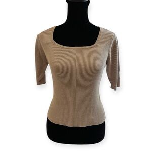 y2k august silk light brown square neck short sleeve knit top size small